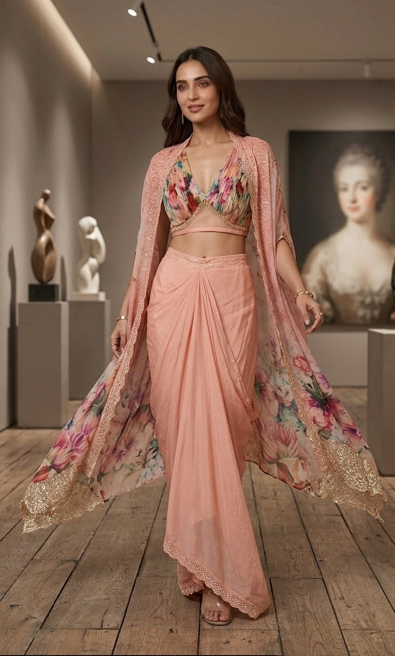 Floral Pink Embroidered Jacket Set