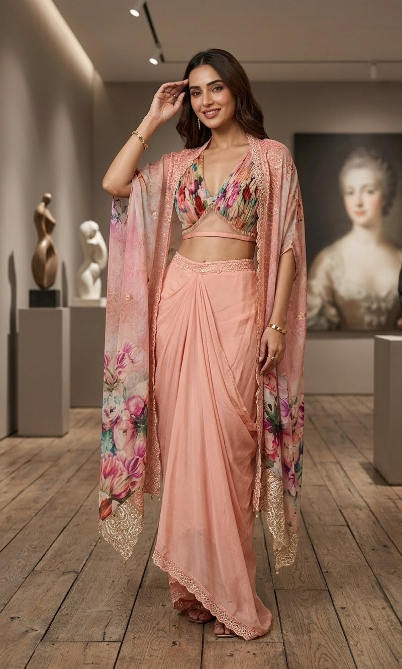 Floral Pink Embroidered Jacket Set