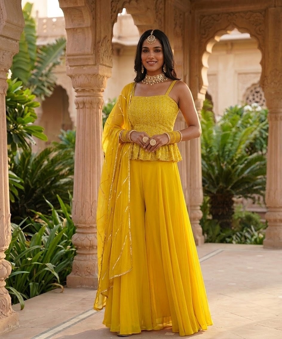 Yellow Embroidered Sharara Set