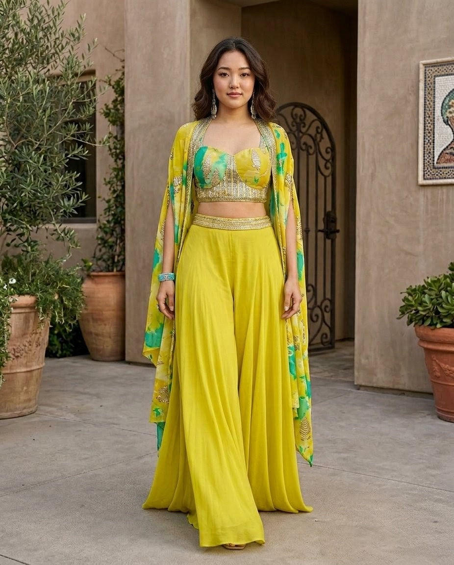 Bright Yellow-Green Embroidered Jacket Set