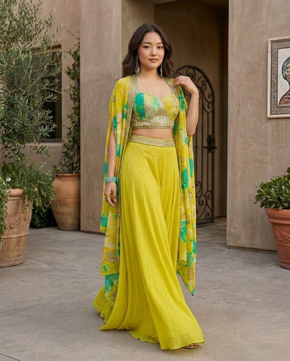 Bright Yellow-Green Embroidered Jacket Set